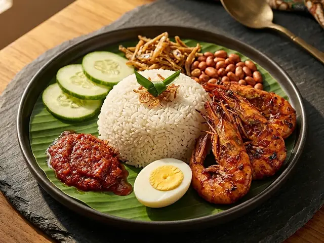 Nasi Lemak with Fried Prawns